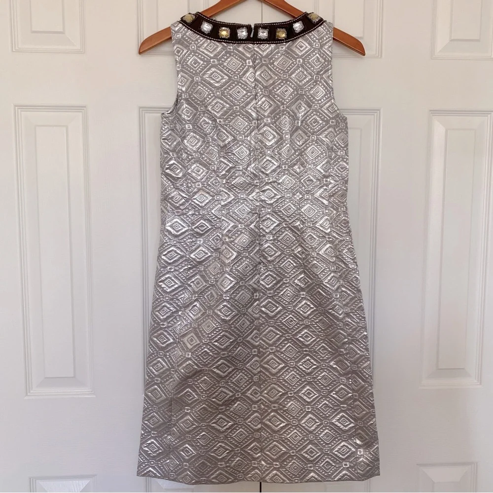 Tory Burch Jeweled V-neck Sheath Rosario Dress Sleeveless Silver Metallic